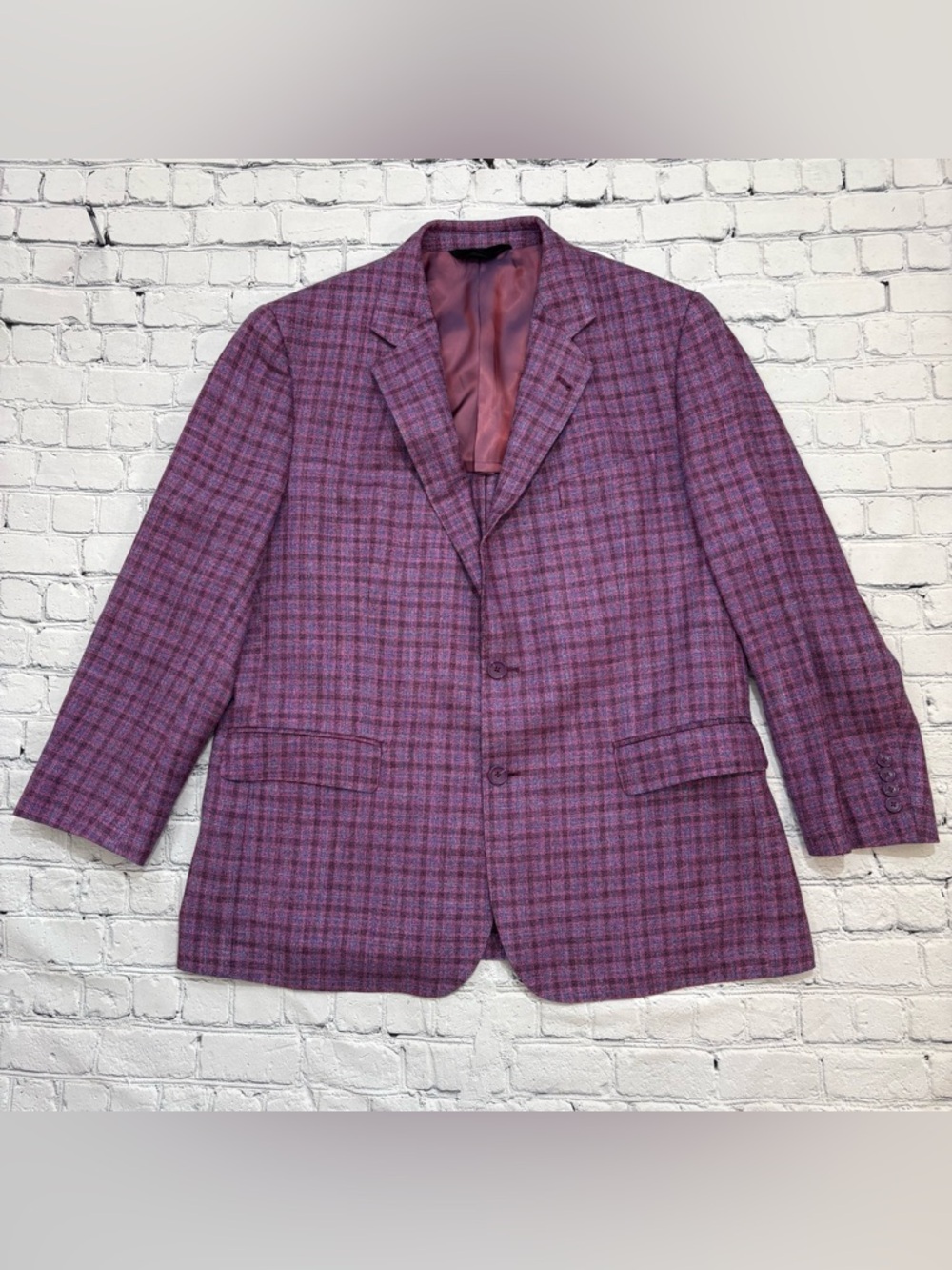 Baroni Couture ETHOMAS Men’s Wool Linen Silk Sport Coat Jacket Check Purple 44R
